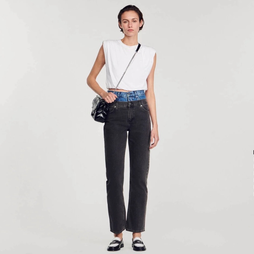 SANDRO TWO TONE DOUBLE WAISTED JEANS NWT